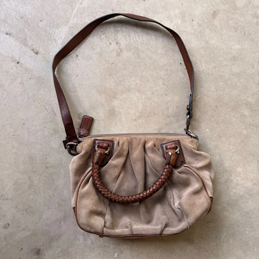 Banana Republic Suede Leather Satchel Bag Braided Handle Tan Brown Crossbody